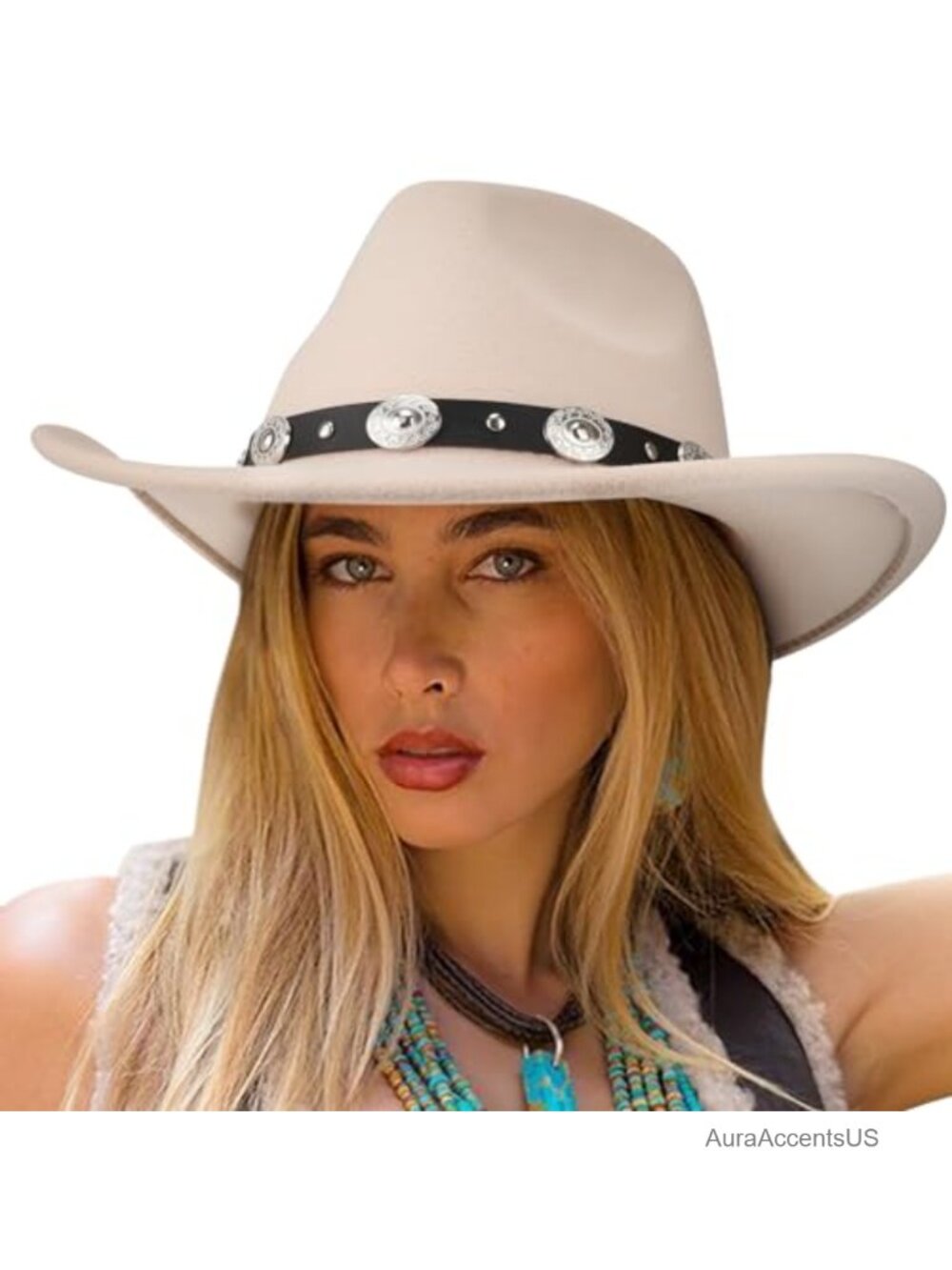 Unisex Felt Wide Brim Cowboy Hat with Belt Buckle Retro Panama Style